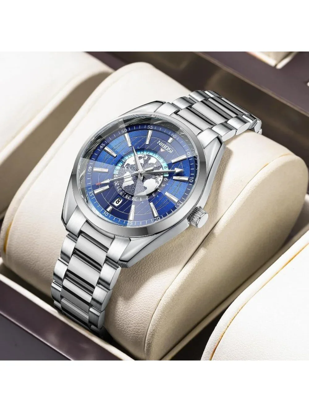 Men's Blue Silver Analog Quartz Stainless Steel Waterproof Casual Wrist Watch